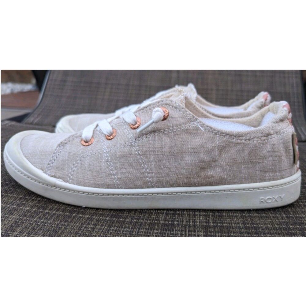 Roxy Bayshore Plus No Tie Laces Slip On Sneakers Size 9 Low Top Tan Linen Shoes